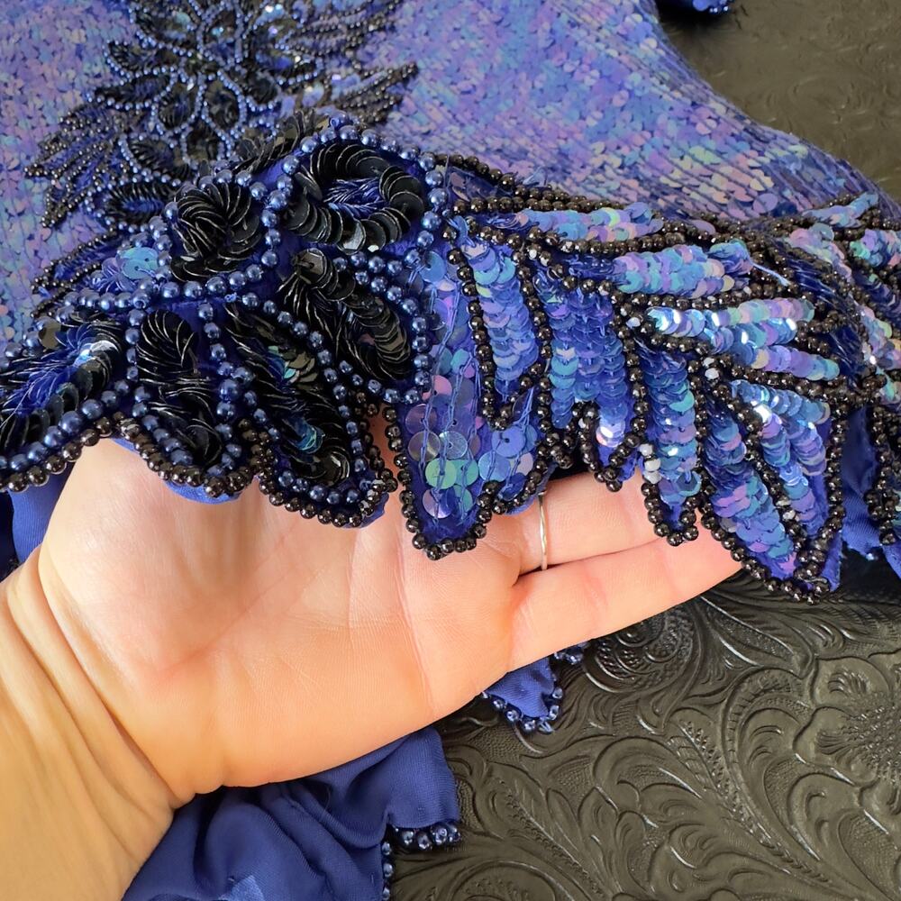 Stenay Cobalt Blue Hand-Beaded Silk Top - Sequin Vintage Glam - Handmade - XL - Picture 3 of 16